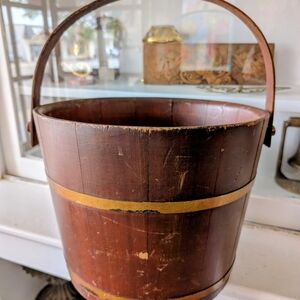 Vintage Brown Wooden Bucket with Gold Band